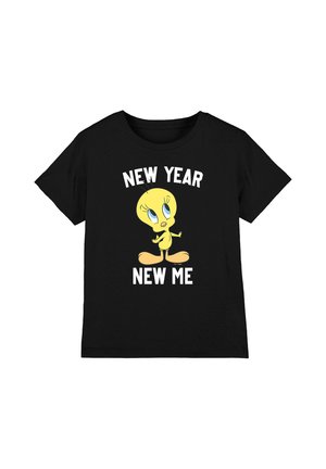 Schwarzes T-Shirt mit einem gelben Cartoon-Vogel und weißem Text oben und unten mit der Aufschrift Neues Jahr Neues Ich.