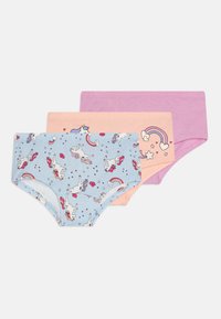 Tre par med barneundertøy i bomull. Funksjoner inkluderer et blått par med enhjørningsmønster, et rosa par og et lavendelfarget par.