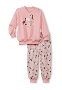 Das rosa Pyjama-Set besteht aus einem Langarmoberteil mit einem Pferde-Graphic und einer Schlafhose, die mit einem wiederholten Pferdemuster verziert ist. Weicher Stoff, elastische Bündchen.
