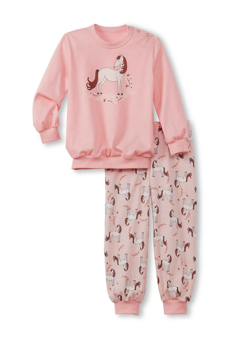 Das rosa Pyjama-Set besteht aus einem Langarmoberteil mit einem Pferde-Graphic und einer Schlafhose, die mit einem wiederholten Pferdemuster verziert ist. Weicher Stoff, elastische Bündchen.