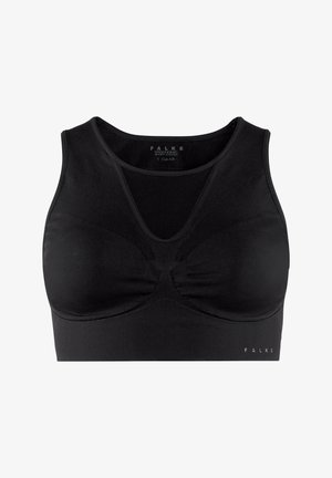 Schwarzer Sport-BH mit V-Ausschnitt und vorgeformten Cups, aus einem strukturierten Stoff und mit einem glatten Bund. Das Logo befindet sich auf der unteren rechten Seite.