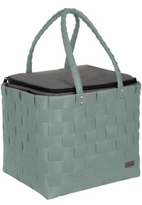 Minzgrüner geflochtener Aufbewahrungskorb mit einem dunkelgrauen Reißverschlussdeckel und doppelten Griffen, mit glatter Textur und metallischen Akzenten.