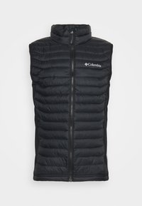 Gilet senza maniche trapuntato nero con zip frontale e logo Columbia sul lato sinistro del petto, progettato per calore e comfort leggero.