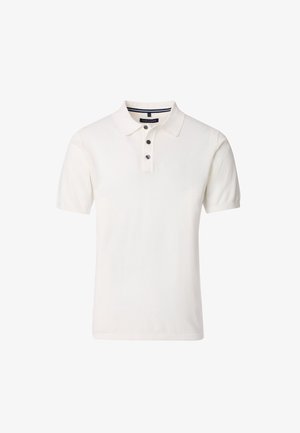 Poloshirt mit kurzen Ärmeln in Off-White. Weicher Stoff, Drei-Knopf-Leiste mit marineblauen Akzenten. Klassischer Kragen und gerades Saumdesign.
