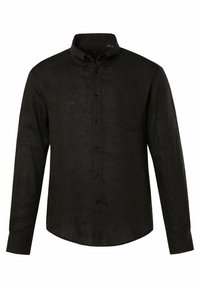 Camisa negra de botones con rayas verticales, de mangas largas y con un bolsillo en el pecho. Está hecha de una tela texturizada, con un cuello clásico y un dobladillo redondeado.