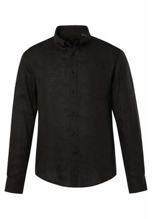 Camisa negra de botones con rayas verticales, de mangas largas y con un bolsillo en el pecho. Está hecha de una tela texturizada, con un cuello clásico y un dobladillo redondeado.