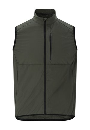Ärmellose olivgrüne Weste mit hohem Kragen, schwarzem Frontreißverschluss und vertikalem Reißverschluss-Brusttasche, entworfen für leichte Outdoor-Bekleidung.