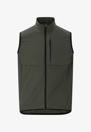 Ärmellose olivgrüne Weste mit hohem Kragen, schwarzem Frontreißverschluss und vertikalem Reißverschluss-Brusttasche, entworfen für leichte Outdoor-Bekleidung.