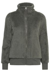 Fuzzy donkergroene jas met een hoge kraag, volledige rits, ribbelmanchetten en tailleband. Zachte textuur met een harige uitstraling.