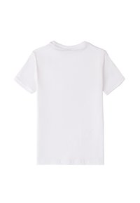 Camiseta de algodón blanca con mangas cortas, escote redondo y un diseño sencillo. La tela parece suave con costuras limpias a lo largo de los bordes.