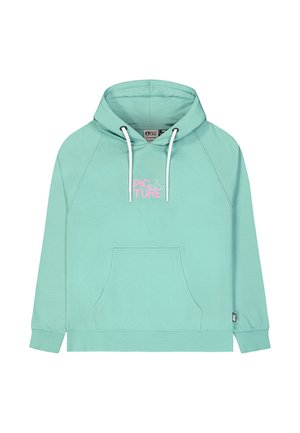 Hellblauer Kapuzenpullover mit Kängurutasche, Kordelzugkapuze und pinkem "PIC TURE"-Logo. Hergestellt aus Bio-Baumwolle, mit gerippten Bündchen und Saum.