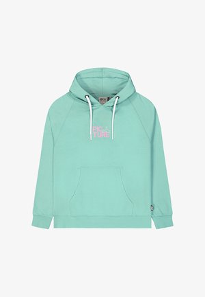Hellblauer Kapuzenpullover mit Kängurutasche, Kordelzugkapuze und pinkem "PIC TURE"-Logo. Hergestellt aus Bio-Baumwolle, mit gerippten Bündchen und Saum.