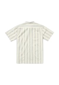 Kortärmad skjorta i ljusbeige med vertikala blå och tan-ränder. Har en krage och ryggsöm för extra designdetalj.