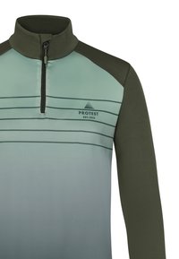 Langemouwen half-zip trui van groen-getint stof, met horizontale strepen en een logo. Glad textuur met contrasterende mouwen.