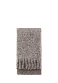 Gray wool scarf with a textured surface, featuring fringed edges, neatly folded. Soft, warm material suitable for cold weather.