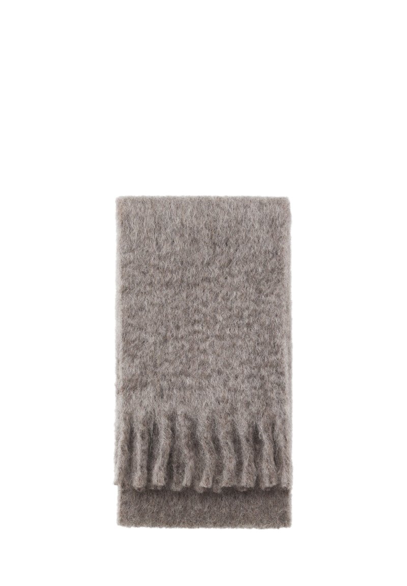 Gray wool scarf with a textured surface, featuring fringed edges, neatly folded. Soft, warm material suitable for cold weather.