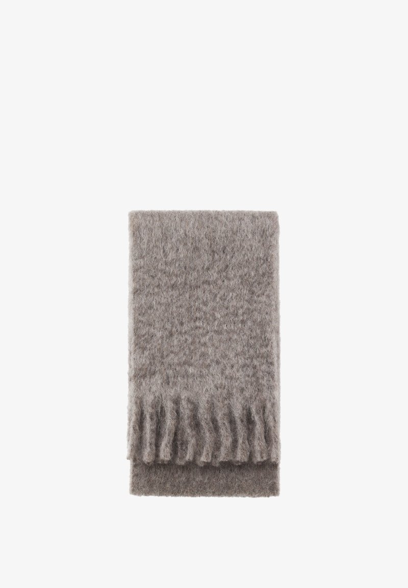 Écharpe en laine grise avec une surface texturée, présentant des bords frangés, soigneusement pliée. Matériau doux et chaud adapté aux temps froids.