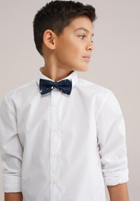 Tumši zilas tauriņkrāsas tauriņš ar krāsainiem rakstiem, kopā ar balto pogājamo kreklu. Krekls ar uzritinātām piedurknēm un gludu faktūru.