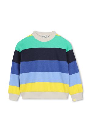 Multicolored sweatshirt featuring horizontal stripes in green, navy, blue, and yellow. Ribbed collar and cuffs, soft cotton material.