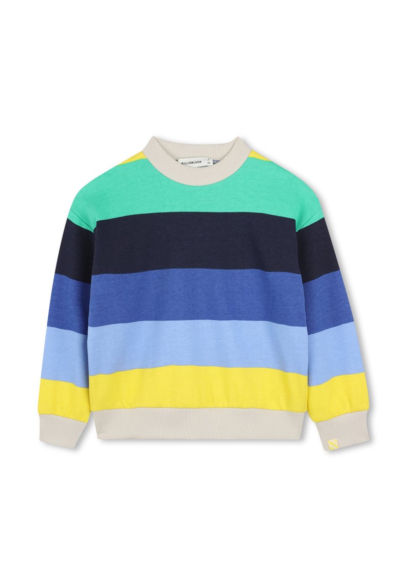Felpa multicolore con strisce orizzontali in verde, blu navy, blu e giallo. Collo e polsini a costine, materiale in cotone morbido.