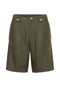 Krótkie spodenki w oliwkowym zielonym kolorze wykonane z lekkiego materiału, z wysokim stanem, dwoma przednimi kieszeniami oraz dwoma przednimi guzikami do zapięcia.