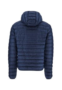Chaqueta tipo plumón azul marino con capucha, diseño acolchado y costuras horizontales. Presenta una textura suave y brillante. Vista trasera únicamente.