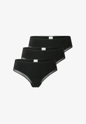 Black cotton bikini underwear set, three pieces, featuring lace trim along waist and leg openings, soft texture, and elastic waistband.