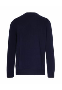 Maglione blu navy realizzato in morbido tessuto a maglia, con scollatura rotonda e maniche lunghe con polsini e orlo a costine.