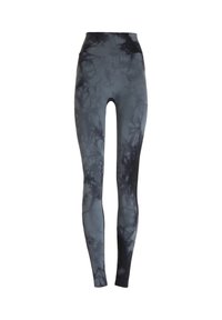 Højttaljede leggings i gråt og sort batikmønster, lavet af elastisk materiale med en glat tekstur, tætsiddende design og minimale syninger.