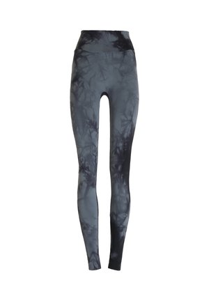 Leggings taille haute en motif tie-dye gris et noir, fabriqués en matériau extensible avec une texture lisse, design ajusté et coutures minimales.