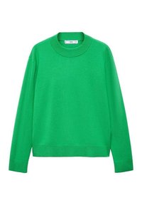 Pull vert vif à manches longues avec col ras du cou, poignets et ourlet côtelés, présenté sur un fond blanc.