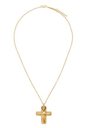 Złoty łańcuszek z błyszczącym, złotym wisiorkiem w kształcie krzyża oraz zapięciem na karabińczyk.