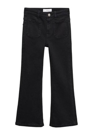 Jeans neri a vita alta con tasche frontali, passanti per cintura, chiusura con bottone e gambe leggermente svasate.