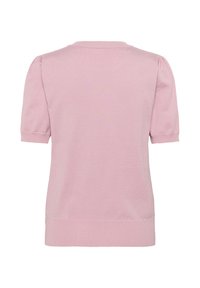 Rosa, kurzärmliger Pullover mit rundem Ausschnitt. Hat ein leicht strukturiertes Strickmuster sowie einen gerippten Saum und Bündchen. Einfaches und figurbetontes Design.