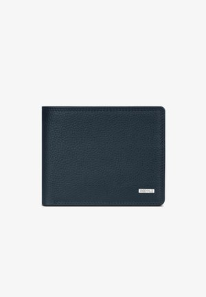 Portefeuille en cuir bleu marine avec une finition texturée, au design pliant, coutures discrètes et une plaque en métal avec logo dans le coin inférieur droit.