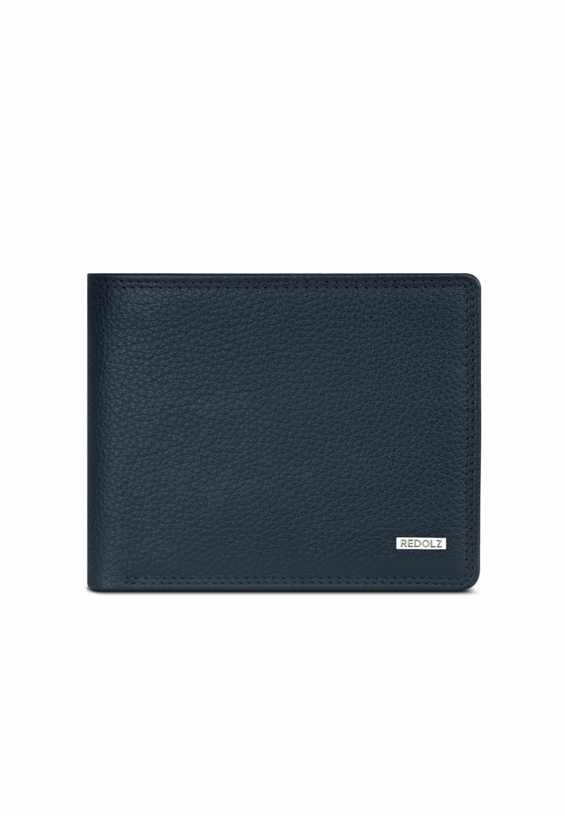 Portafoglio in pelle blu navy con finitura texturizzata, design a doppia piega, cuciture sottili e una placca metallica con logo nell'angolo in basso a destra.