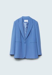 Ljusblå blazer med en slät textur, notchade slag, enkel knappstängning och två framfickor. Fodrad insida med en glänsande finish.