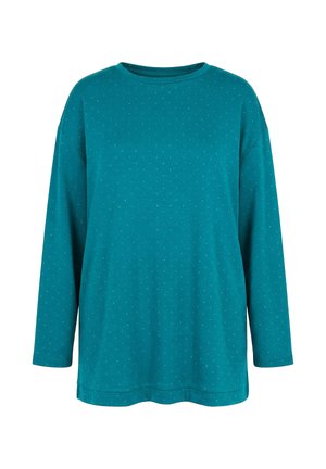 Sininen pitkähihainen paita, jossa on pieniä valkoisia pilkkuja, pyöreä pääntie ja rento istuvuus, yksinkertaisella valkoisella taustalla.