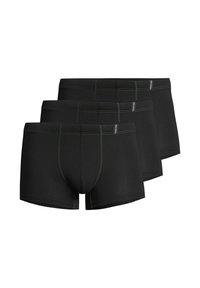 Black boxer briefs set of three, featuring contrasting green stitching, a snug fit, and a soft elastic waistband. Smooth texture.