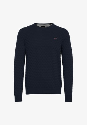 Navy blue quilted sweatshirt with a round neckline and ribbed cuffs. Features a small emblem in red and white on the left chest.