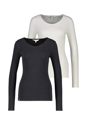 Zwei langärmelige, enganliegende Rundhalsausschnitt-Shirts übereinander gelegt, eines schwarz vorne und eines weiß dahinter, auf einem schlichten weißen Hintergrund.