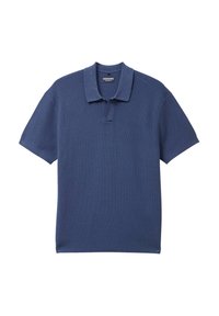 Kortärmad marinblå polo t-shirt i strukturerad stickad tyg med klassisk krage och halvknäppning, med en enhetlig färg genom hela plagget.