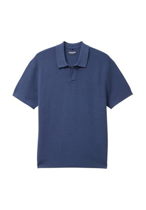 Donkerblauwe polo met korte mouwen, gemaakt van textuurgebreide stof, met een klassieke kraag en een halve knopenlijst, in een eentonige kleur.