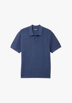 Donkerblauwe polo met korte mouwen, gemaakt van textuurgebreide stof, met een klassieke kraag en een halve knopenlijst, in een eentonige kleur.