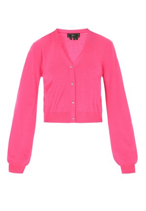 Cardigan corto rosa con scollo a V, maniche lunghe a sbuffo e cinque bottoni, caratterizzato da una texture liscia e tessuto leggero.