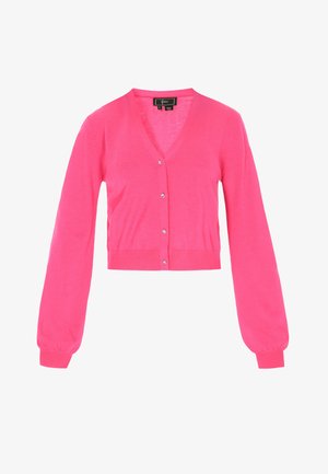 Różowy krótki kardigan z dekoltem w serek, długimi bufkowatymi rękawami i pięcioma guzikami, wykonany z gładkiej, lekkiej tkaniny.