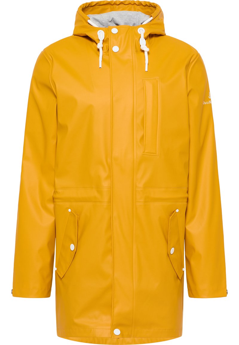 Gele waterdichte regenjas met een capuchon, voorzien van drukknopen, voorzakken en een gladde, glanzende textuur.