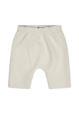 Creamfarbene, plüschige Shorts aus strukturiertem Stoff mit Gummibund und lockerer Passform, die einen abgerundeten Saum und ein lässiges Design aufweisen.