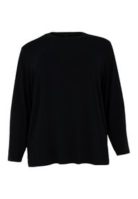 Schwarzes Langarmshirt aus weichem Stoff. Hat einen runden Ausschnitt und einen geraden Schnitt mit lockerer Passform. Keine sichtbaren Muster oder Beschläge.
