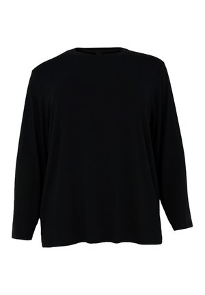 Zwarte lange mouwen shirt van zacht stof. Heeft een ronde halslijn en een rechte snit met een relaxte pasvorm. Geen zichtbare patronen of hardware.